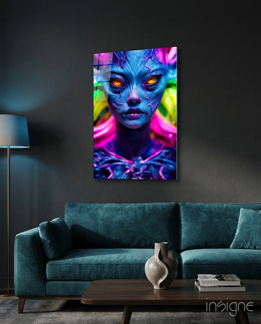 The Native glass wall art featuring a blue-skinned neon fantasy figure