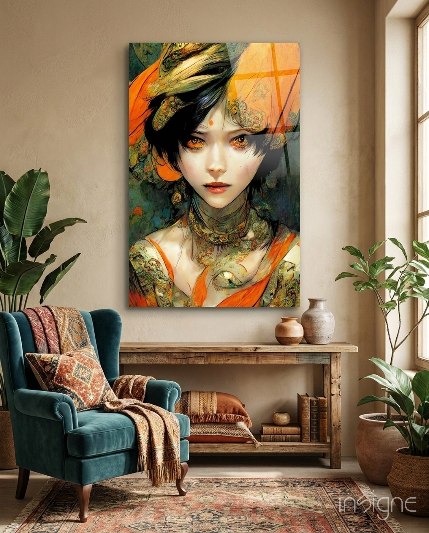 The Elegiac in Eyes glass wall art featuring an almond-eyed muse