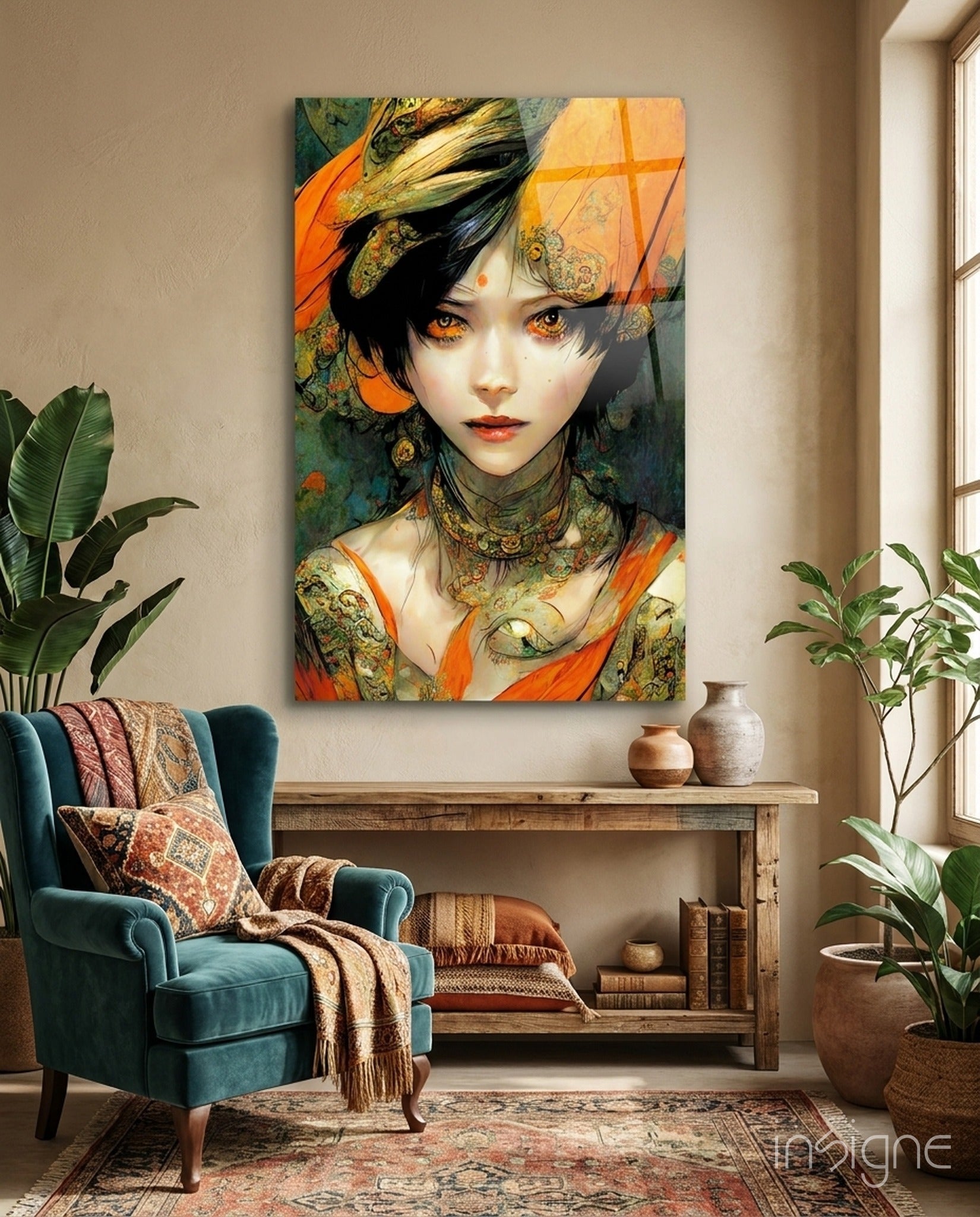 The Elegiac in Eyes glass wall art featuring an almond-eyed muse