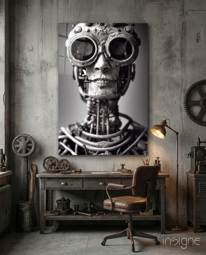 Endless Search glass wall art featuring a scrap-metal skull cyborg