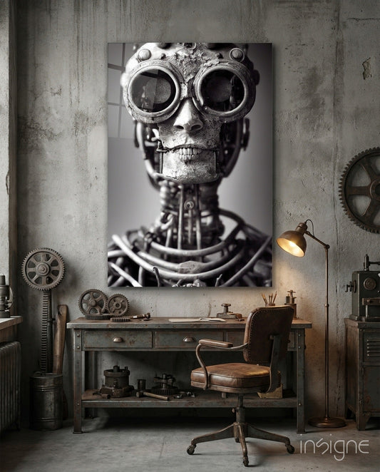 Endless Search glass wall art featuring a scrap-metal skull cyborg