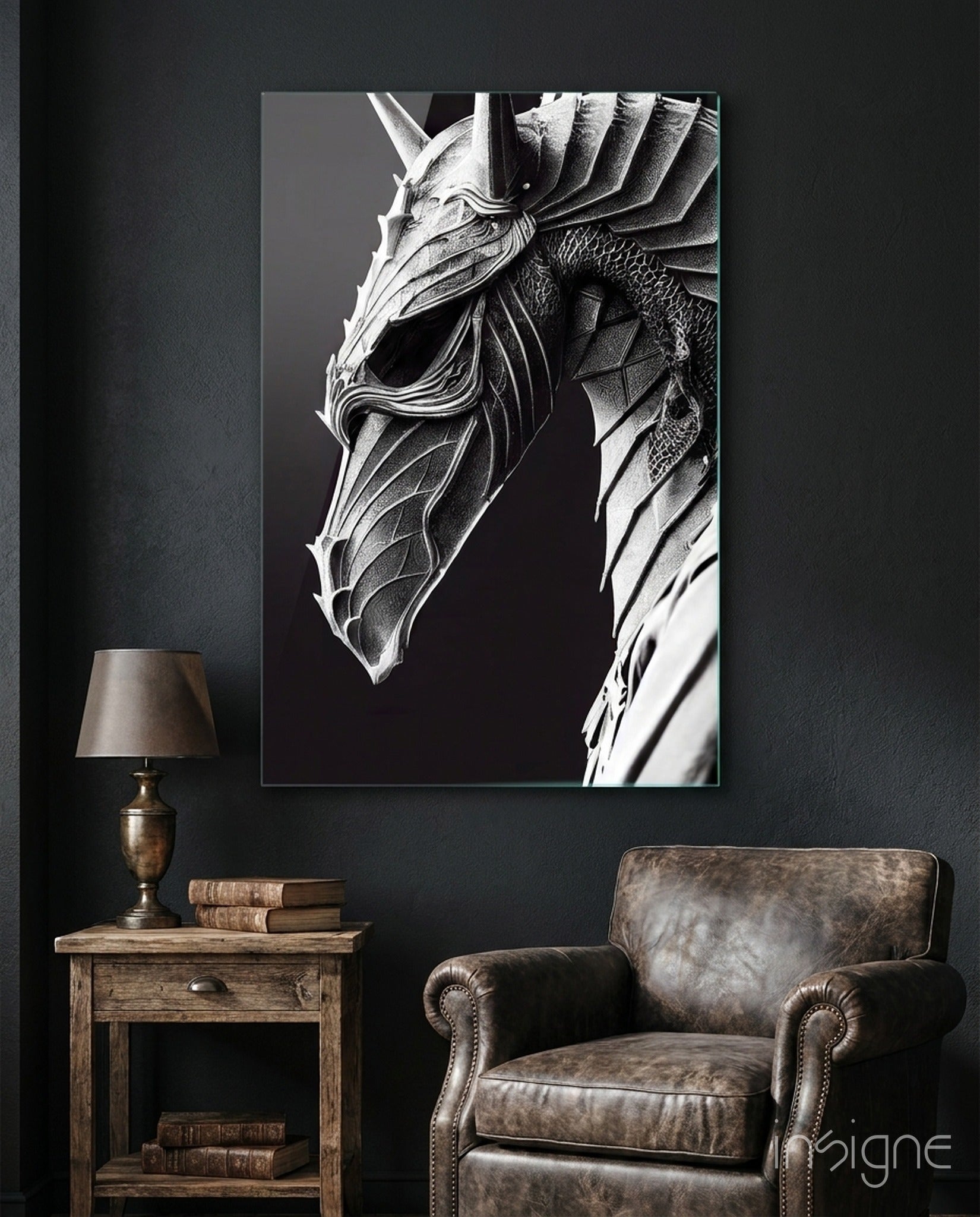Iron Dragon armored dragon glass wall art