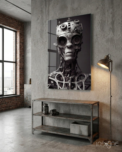 Future Human glass wall art featuring a weathered cybernetic head