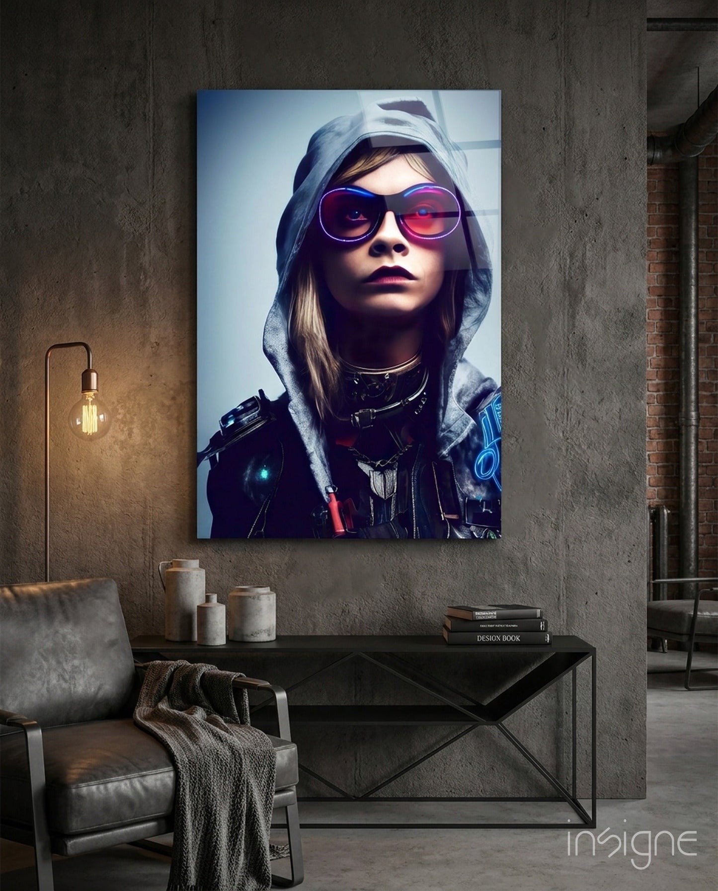 Survival glass wall art featuring a cyberpunk hooded scout in neon light