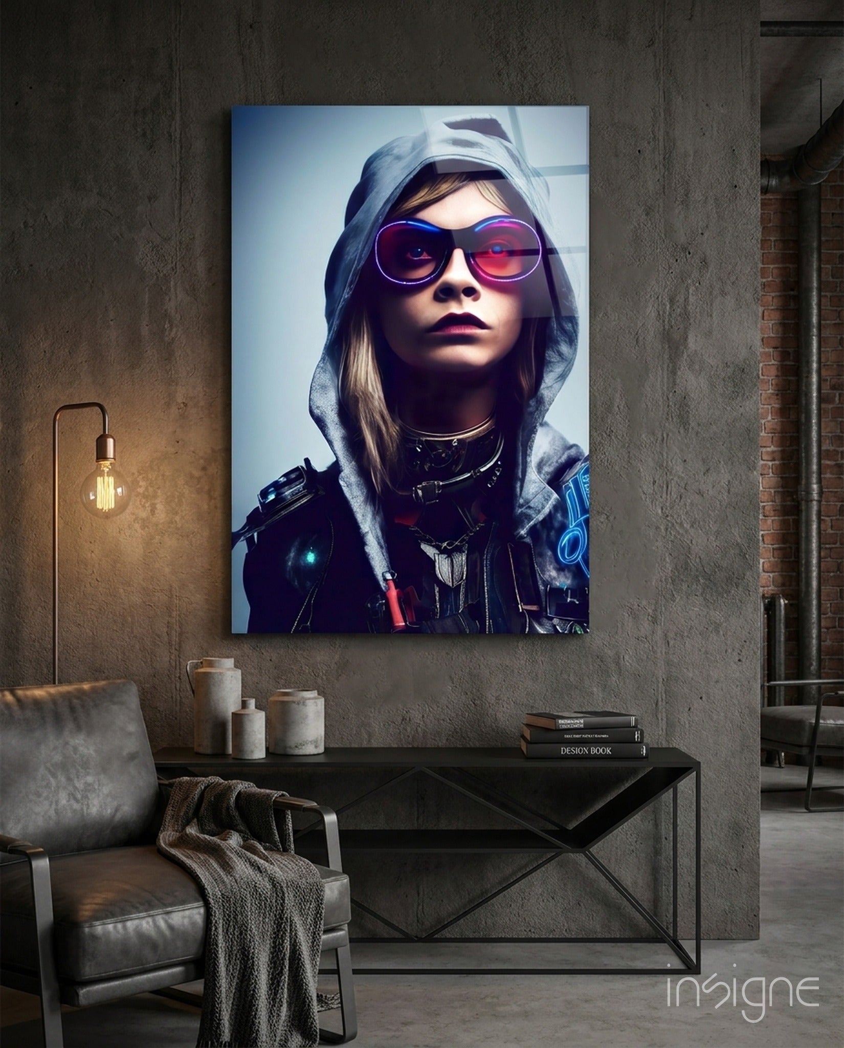 Survival glass wall art featuring a cyberpunk hooded scout in neon light