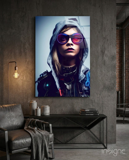 Survival glass wall art featuring a cyberpunk hooded scout in neon light