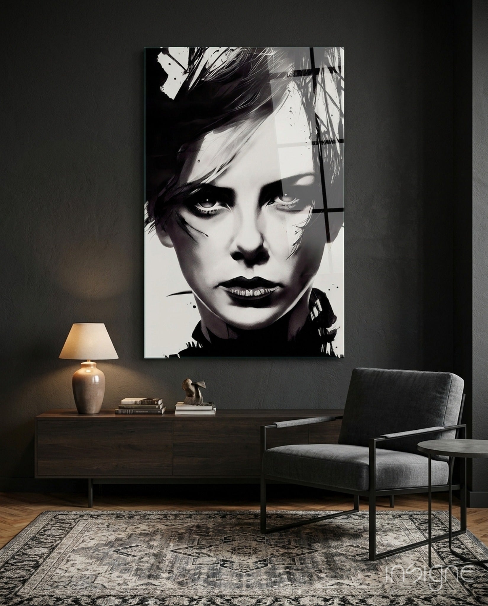 Bellicose glass wall art featuring a bold ink portrait of a woman
