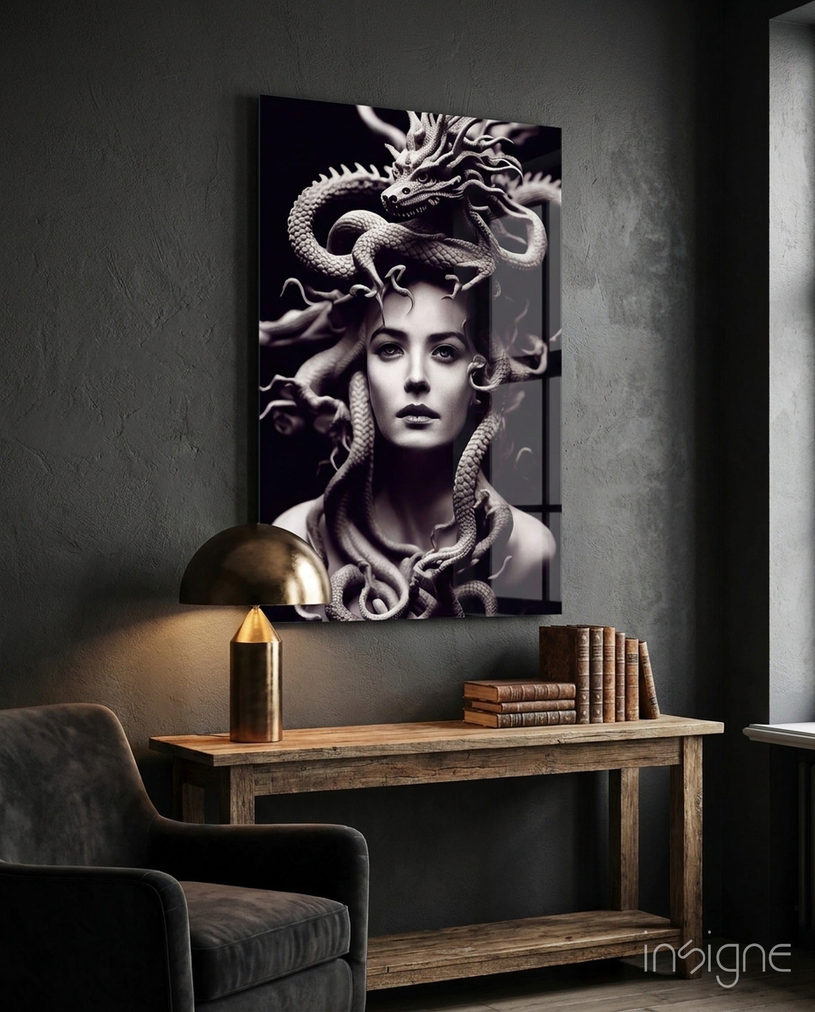 Medusa glass wall art featuring the mythic gorgon queen with serpent hair