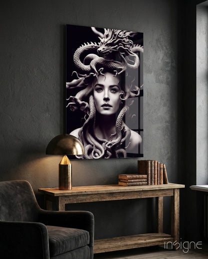 Medusa glass wall art featuring the mythic gorgon queen with serpent hair