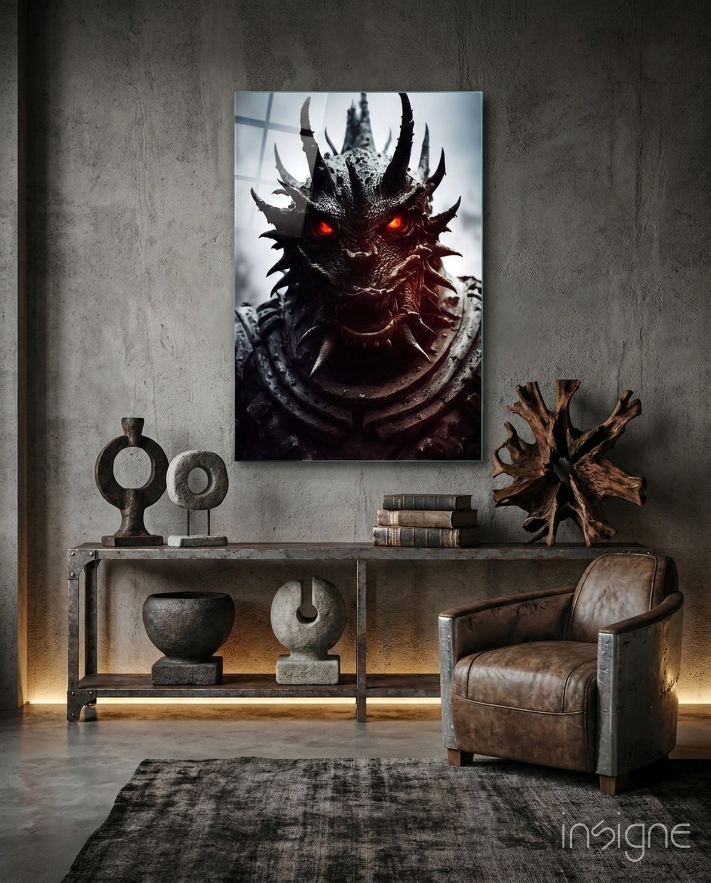 The Beast glass wall art featuring a horned dragon with crimson eyes