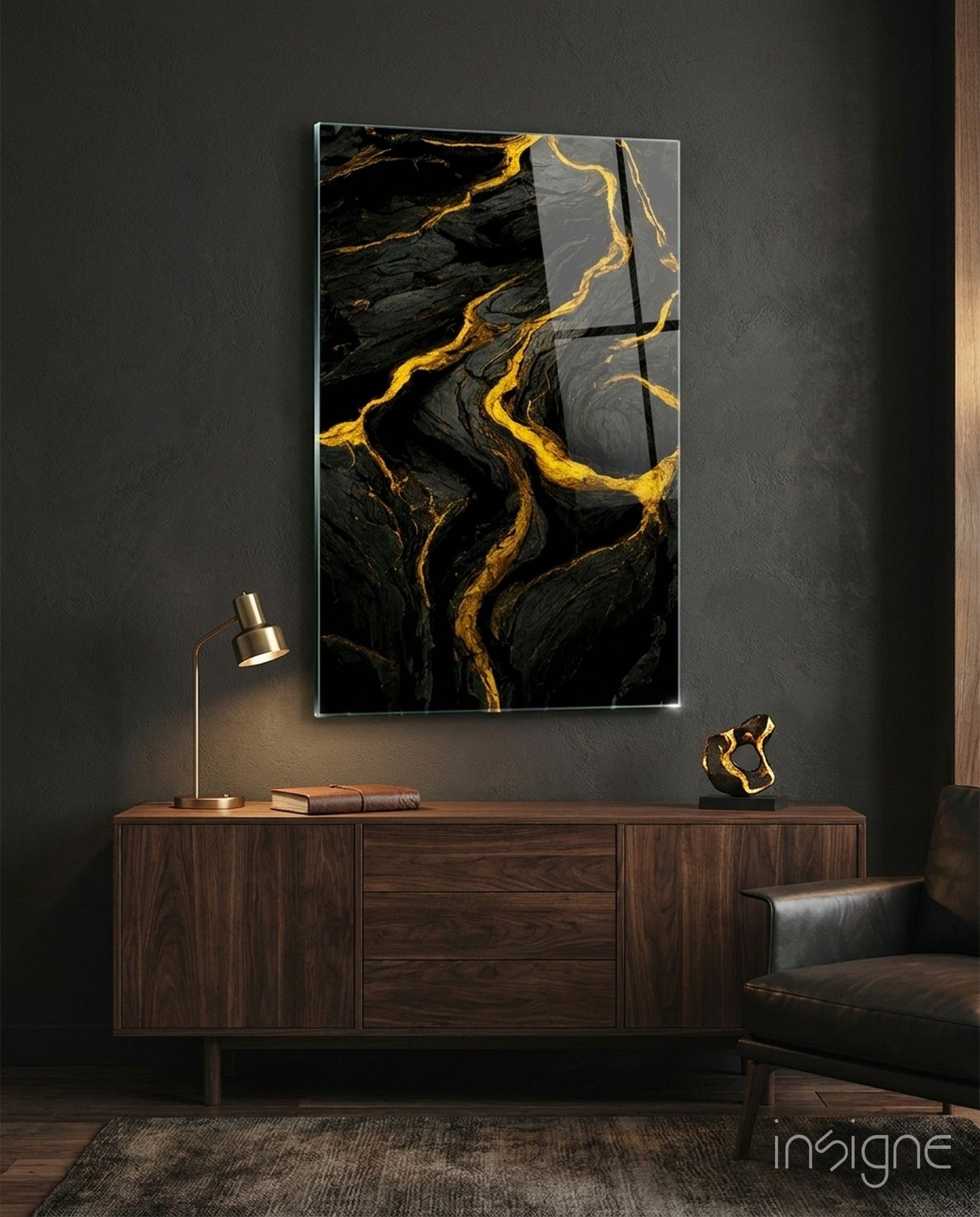 Slit glass wall art featuring a volcanic cliff with gold-veined fissures