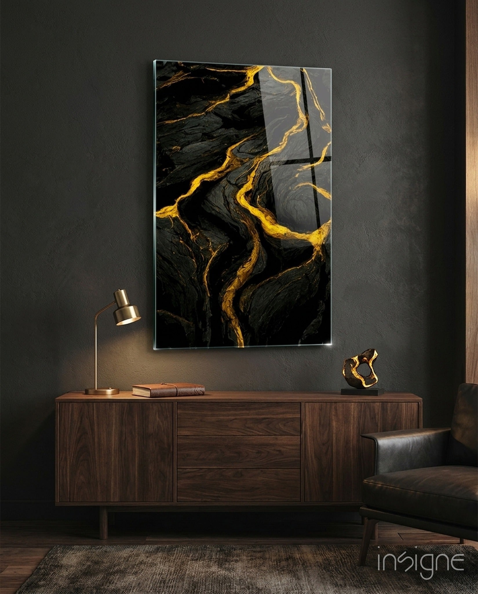Slit glass wall art featuring a volcanic cliff with gold-veined fissures