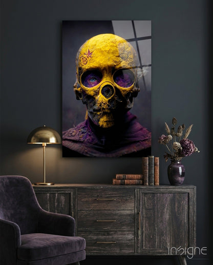 Skull glass wall art featuring a gilded memento mori skull in gold and plum