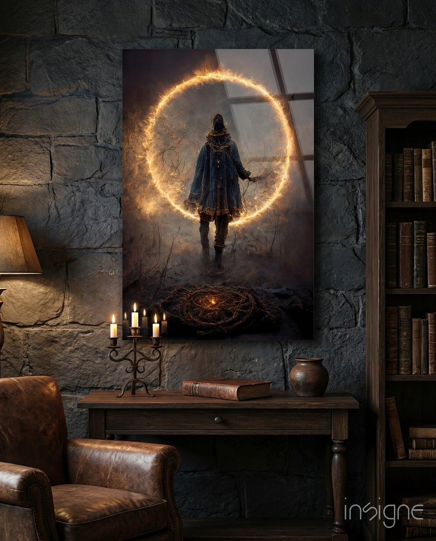 Circle glass wall art featuring a hooded figure inside an ember ring