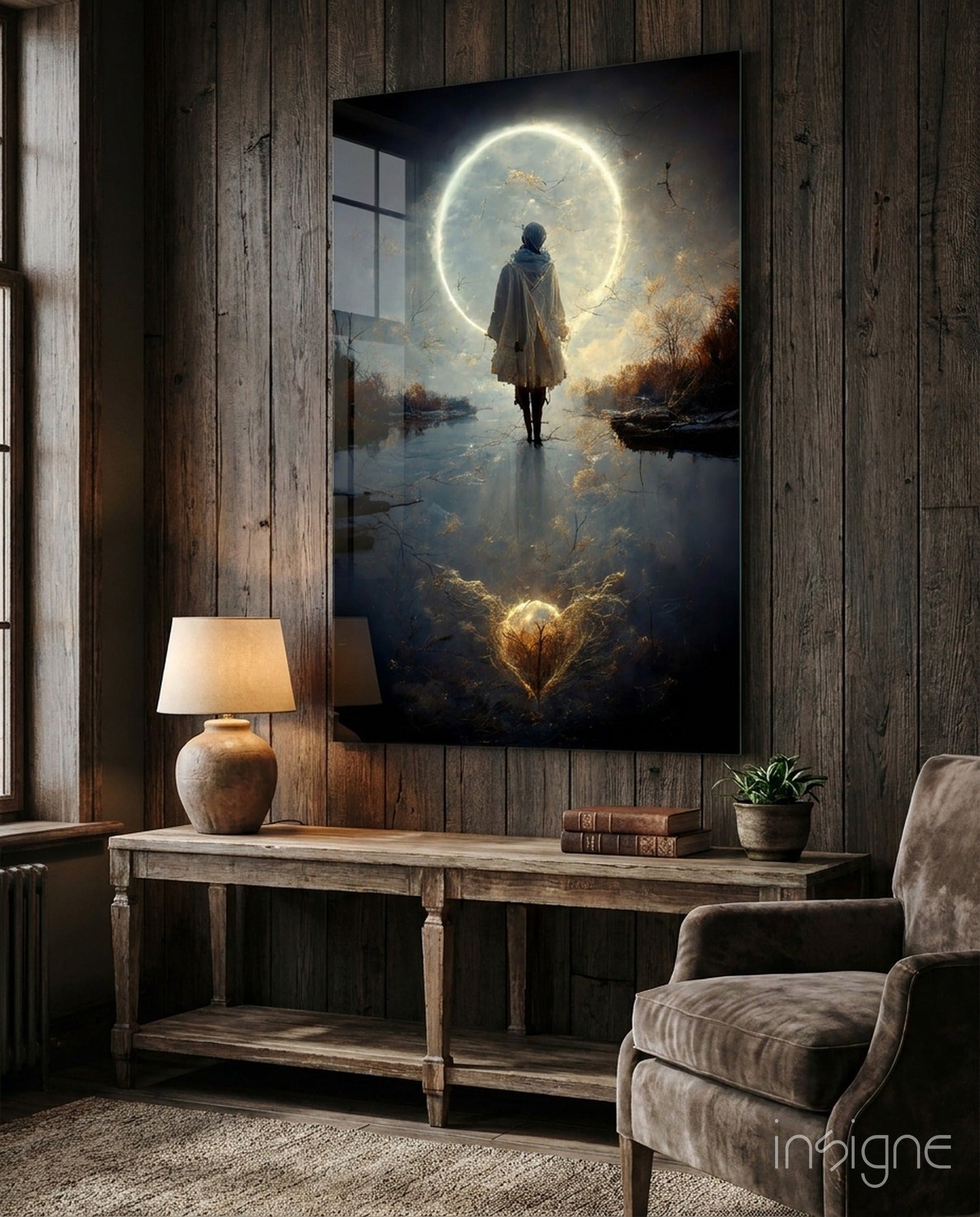 Tranquility moon ring cloaked figure glass wall art
