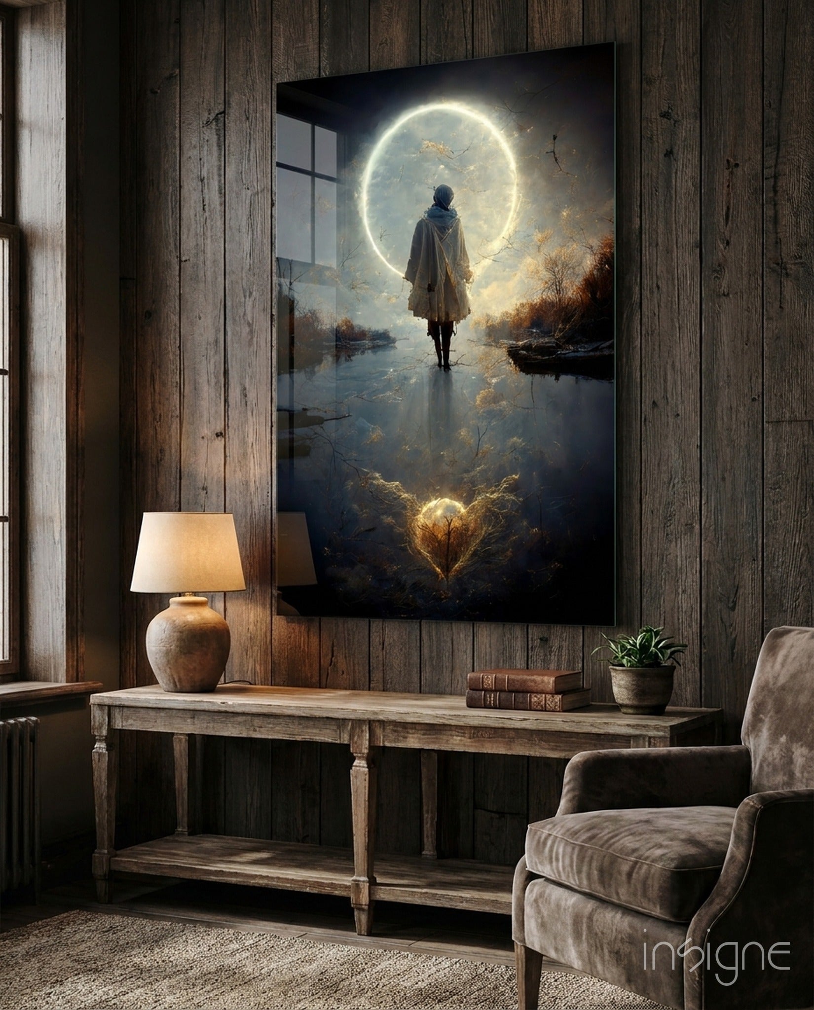 Tranquility moon ring cloaked figure glass wall art
