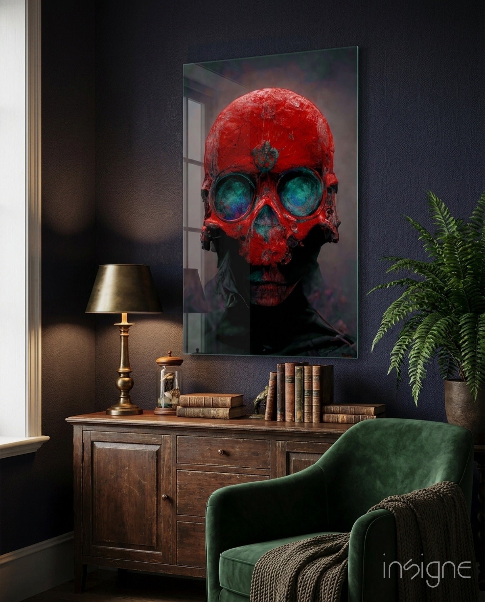 Skull crimson and teal memento mori glass wall art