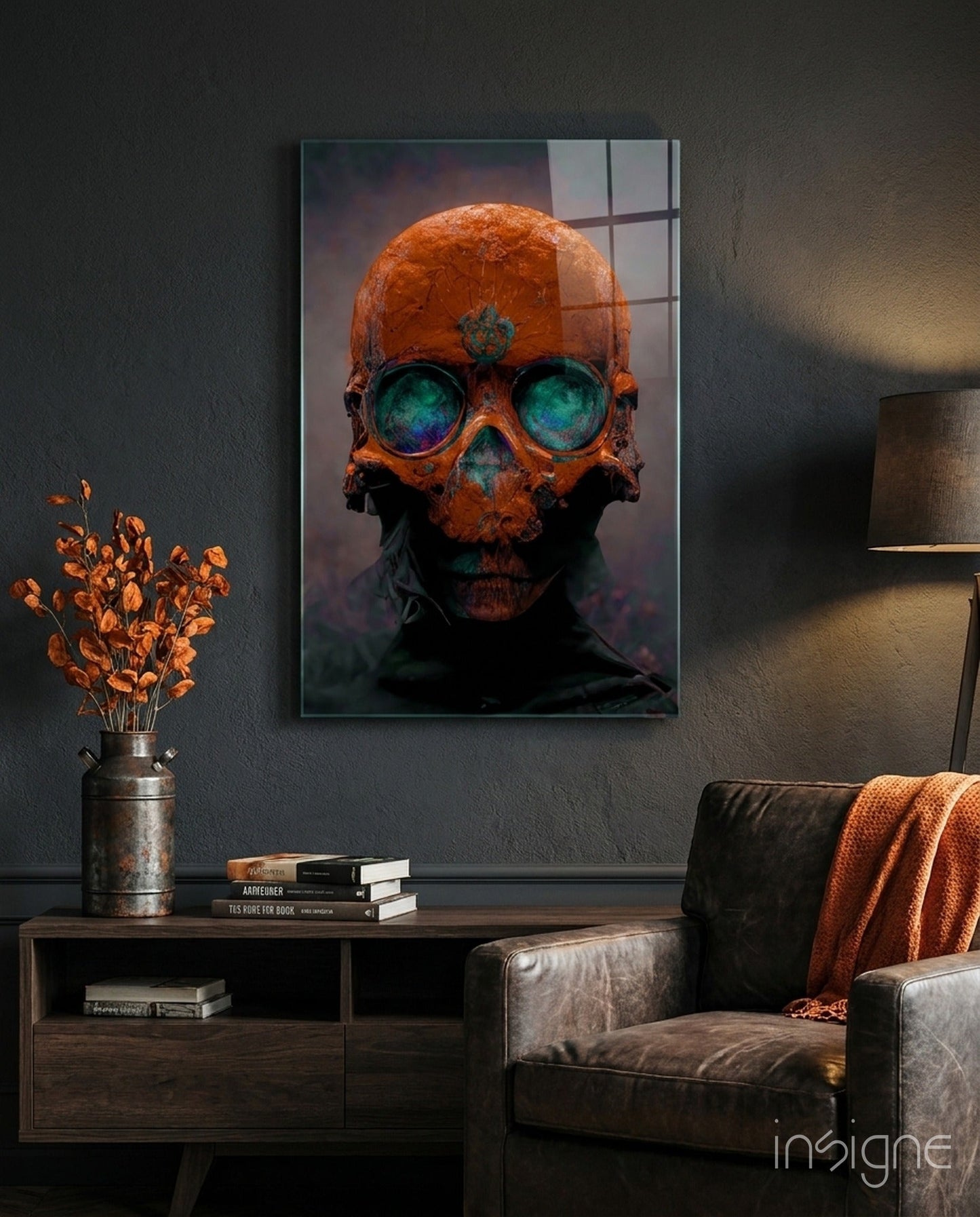 Skull rust and teal memento mori glass wall art