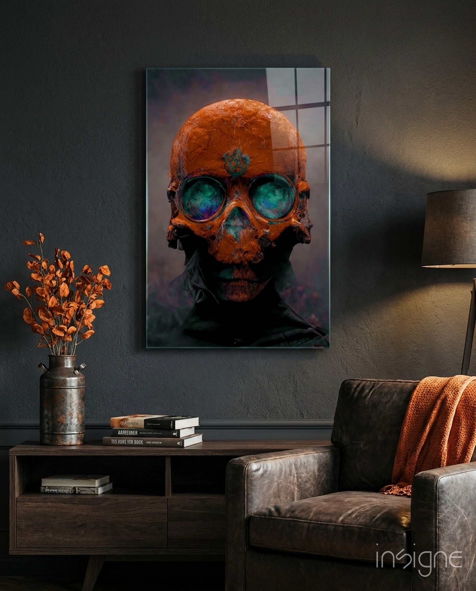 Skull rust and teal memento mori glass wall art
