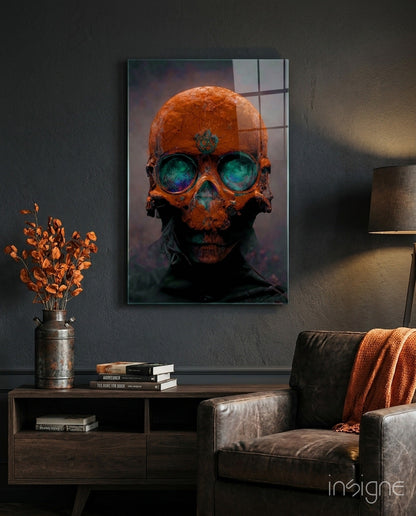 Skull rust and teal memento mori glass wall art