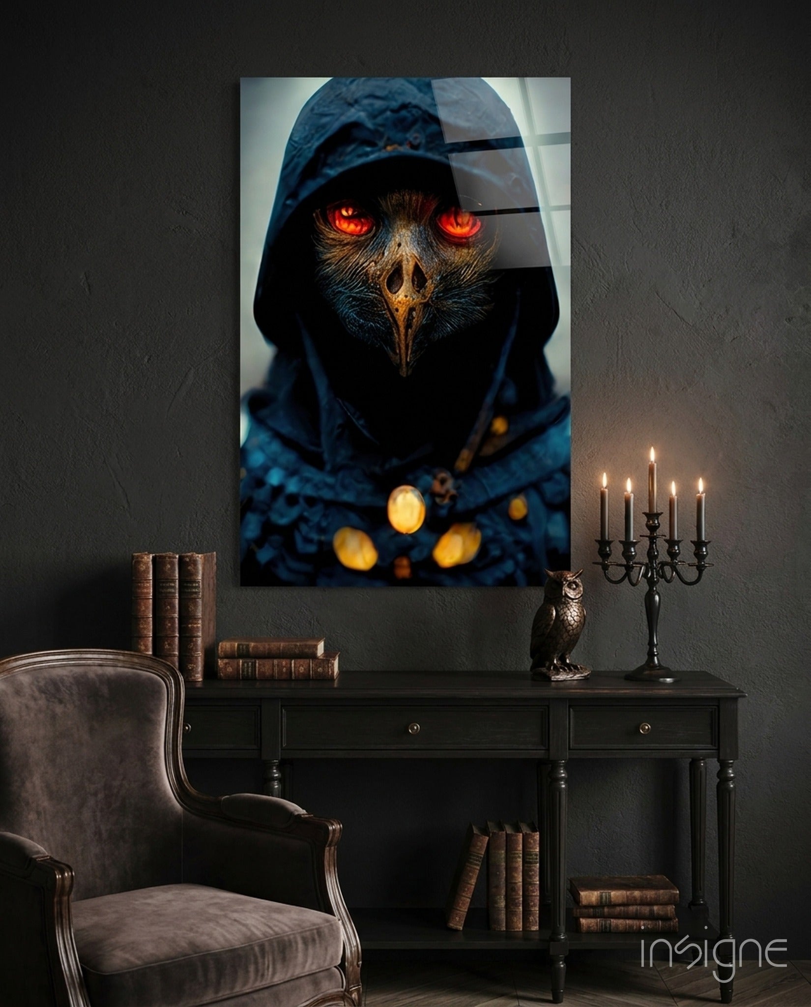 Fiery Eyes crow skull hooded figure glass wall art