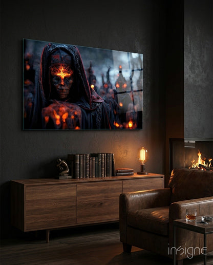 Fighters of the New Age hooded acolyte fire sigil glass wall art