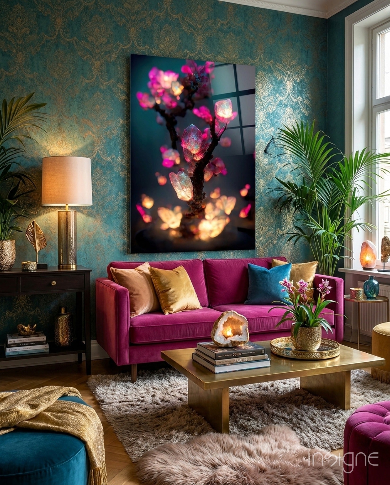 Fire Blooms magenta crystal buds glass wall art