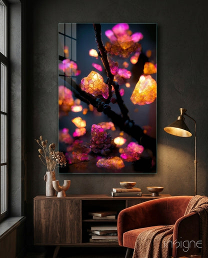 Fire Blooms amber crystal blossoms glass wall art
