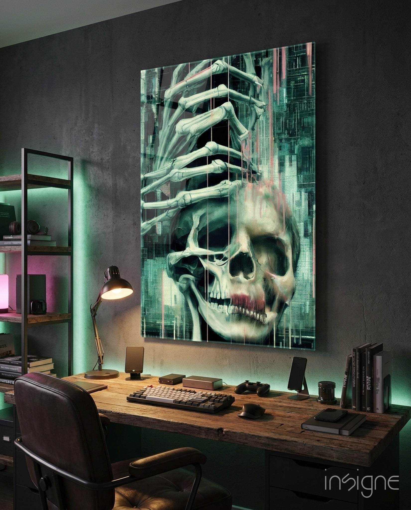 Fall of Skeletons glitch skull glass wall art