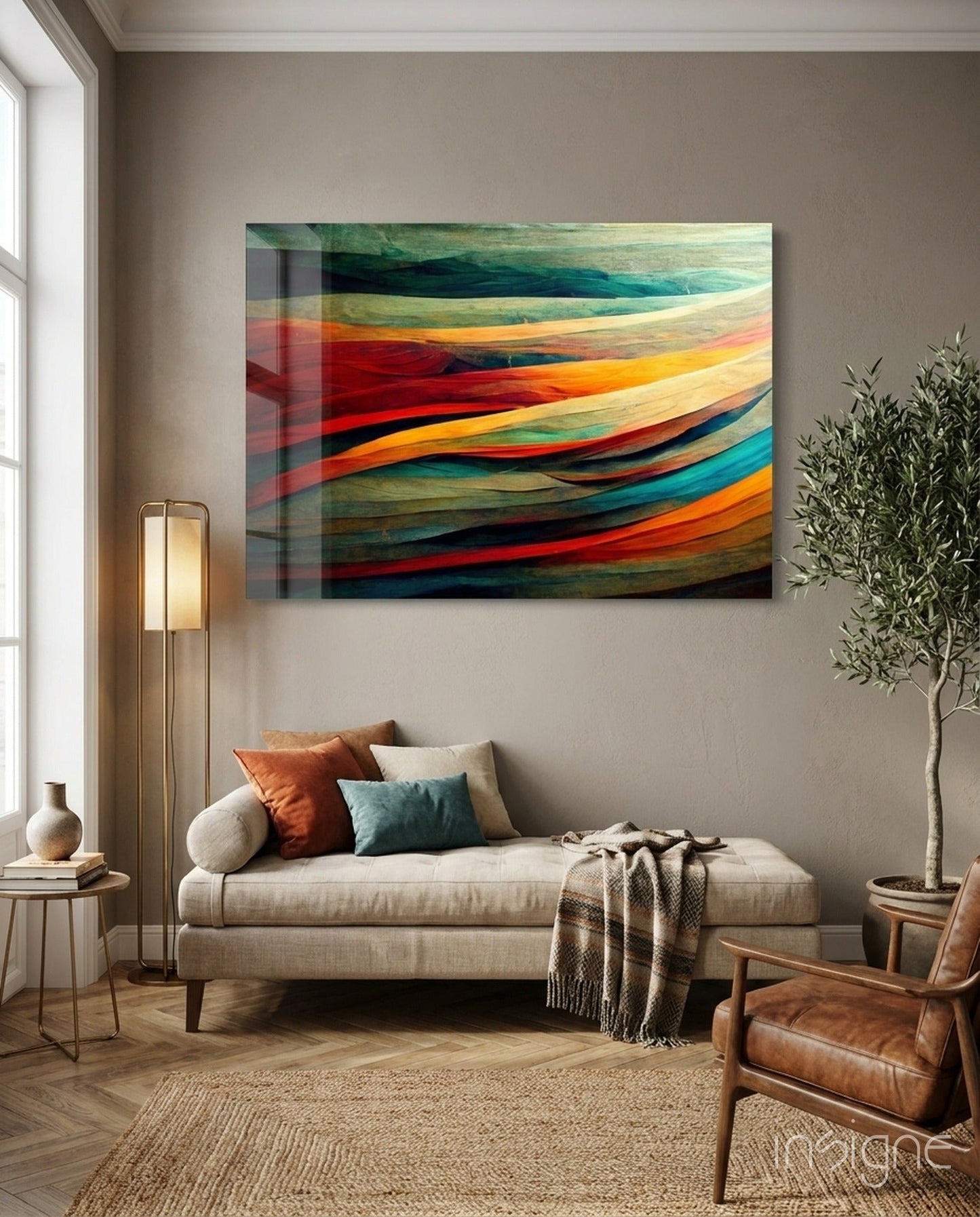 The Flow teal and ember abstract ribbons glass wall art