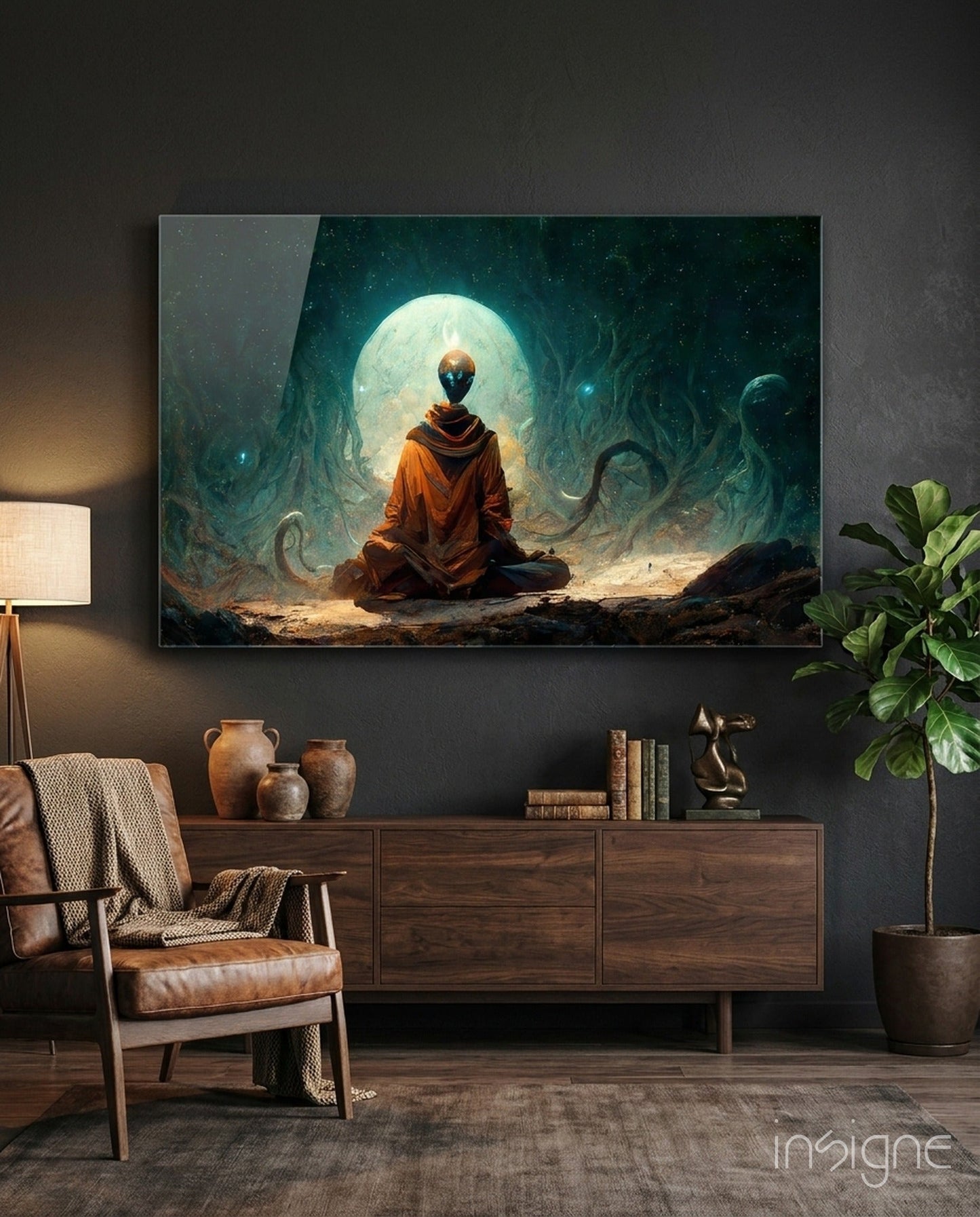 Cosmic meditation glass wall art, robed figure in a teal cavern on high-gloss tempered glass