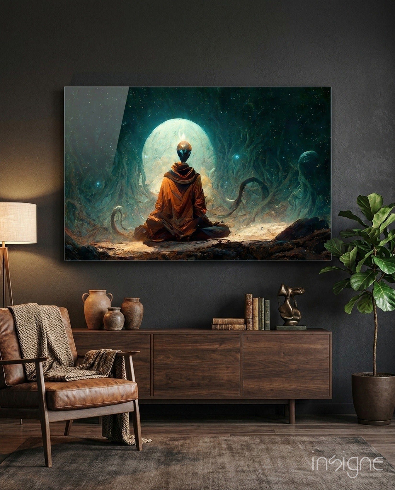Cosmic meditation glass wall art, robed figure in a teal cavern on high-gloss tempered glass