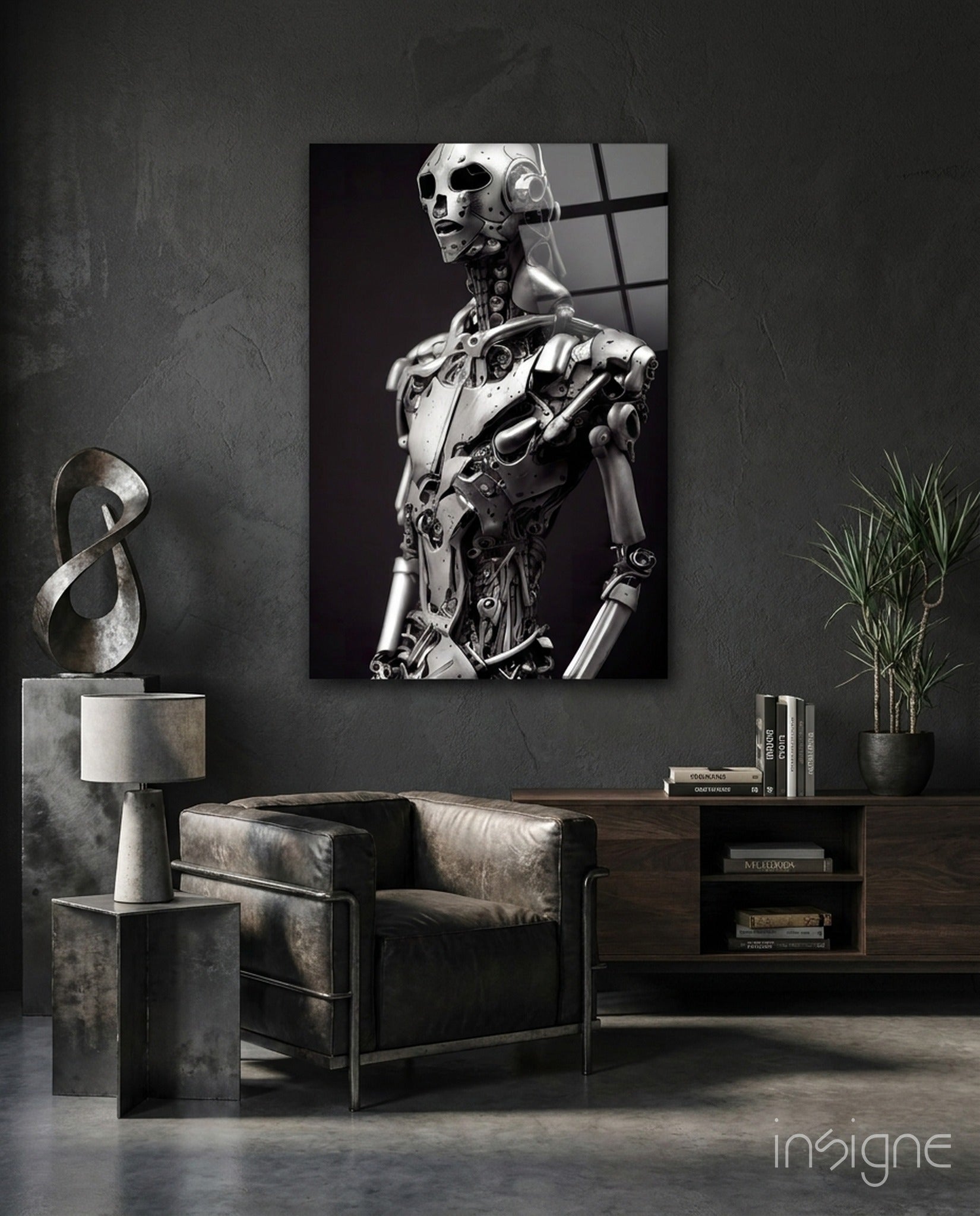 First Humachine skeletal cyborg glass wall art