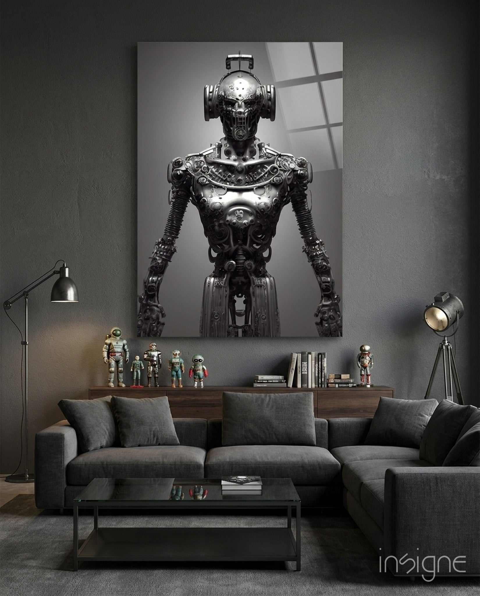 Humachine ornate chrome robot glass wall art