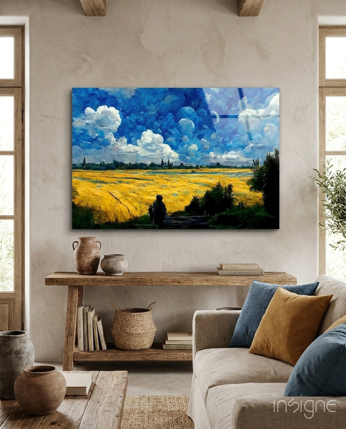 Cloudy Day golden wheat field glass wall art