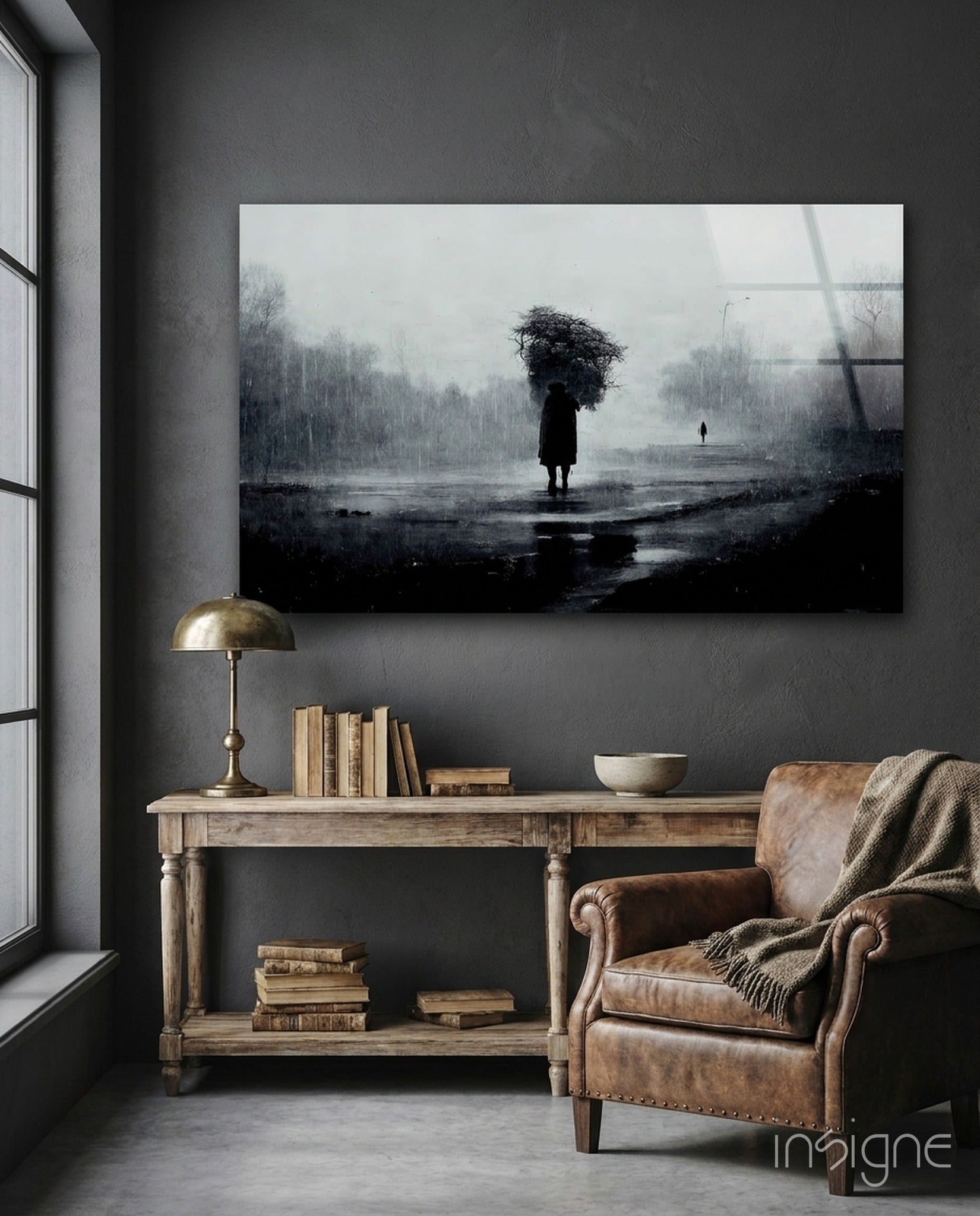 Loneliness cloaked figure rain glass wall art
