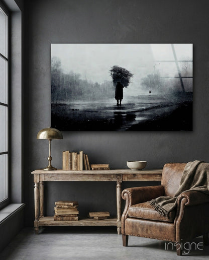 Loneliness cloaked figure rain glass wall art