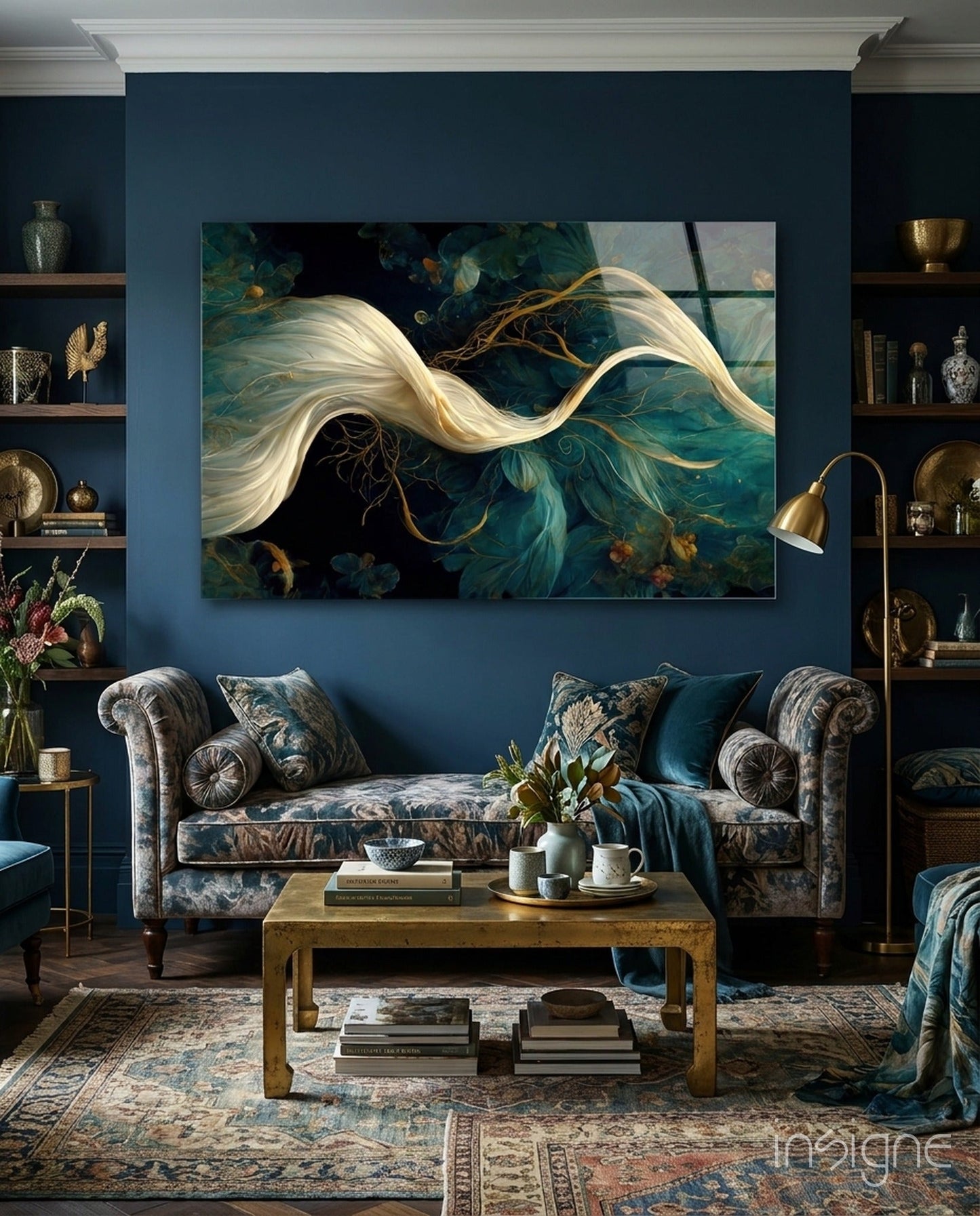 Flow of Roots indigo silk glass wall art
