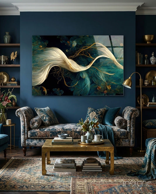 Flow of Roots indigo silk glass wall art