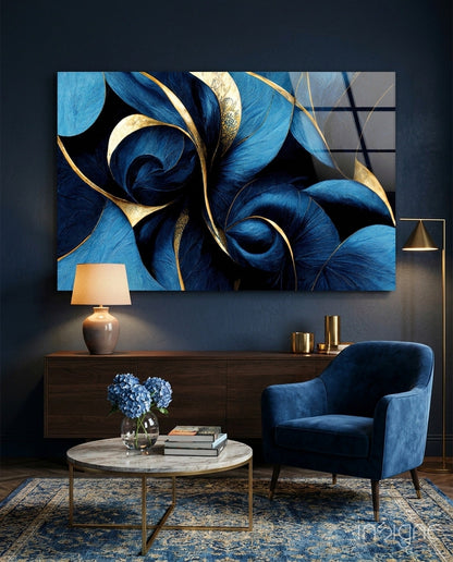 Curves cobalt feather spiral glass wall art