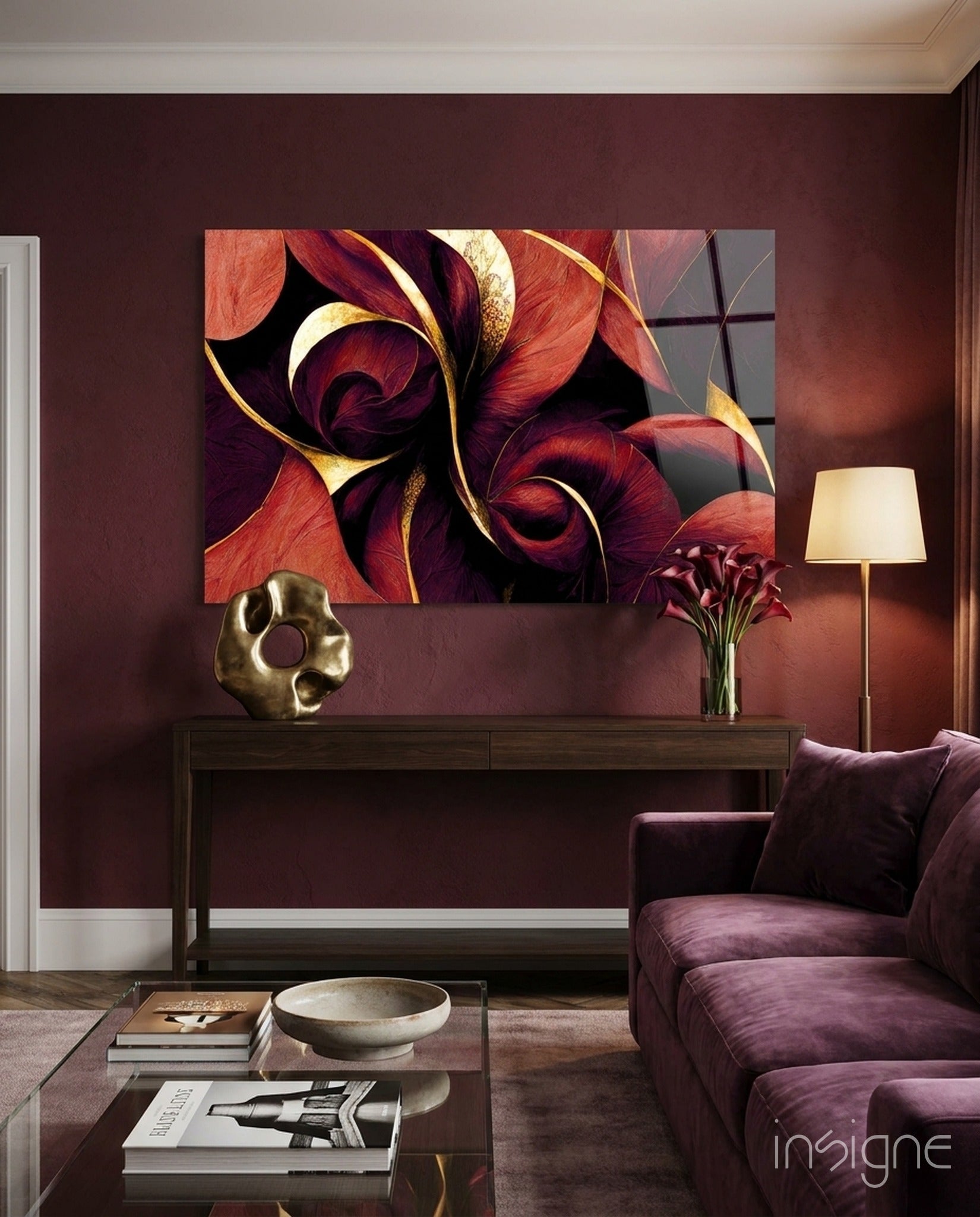 Curves crimson feather spiral glass wall art
