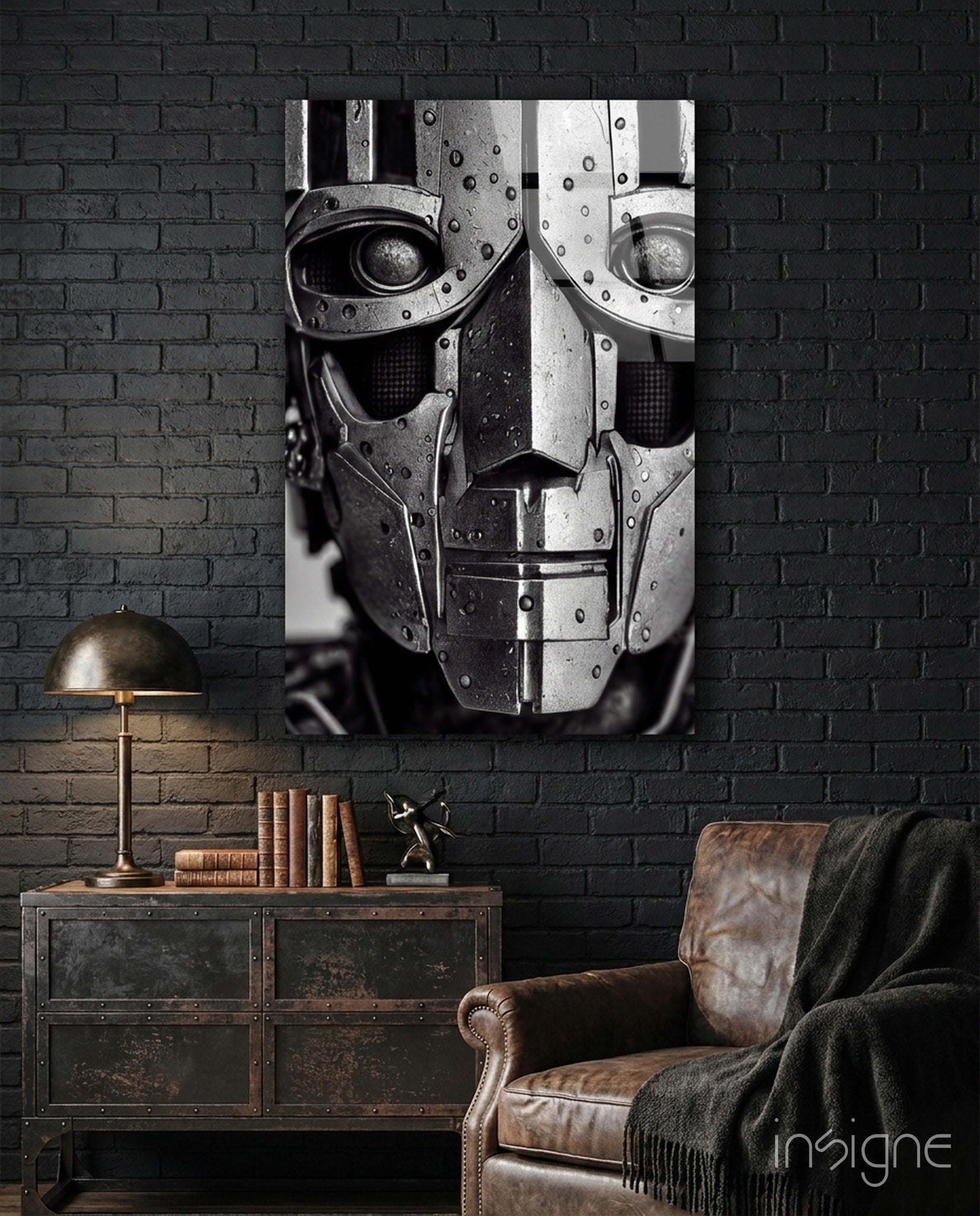 Meet Wode chrome robot face glass wall art