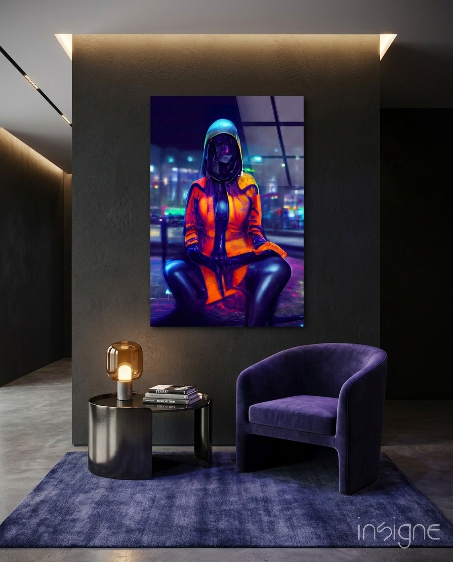 The Wait hooded cyberpunk courier glass wall art