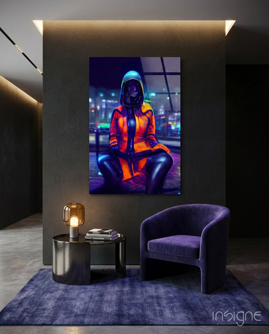 The Wait hooded cyberpunk courier glass wall art