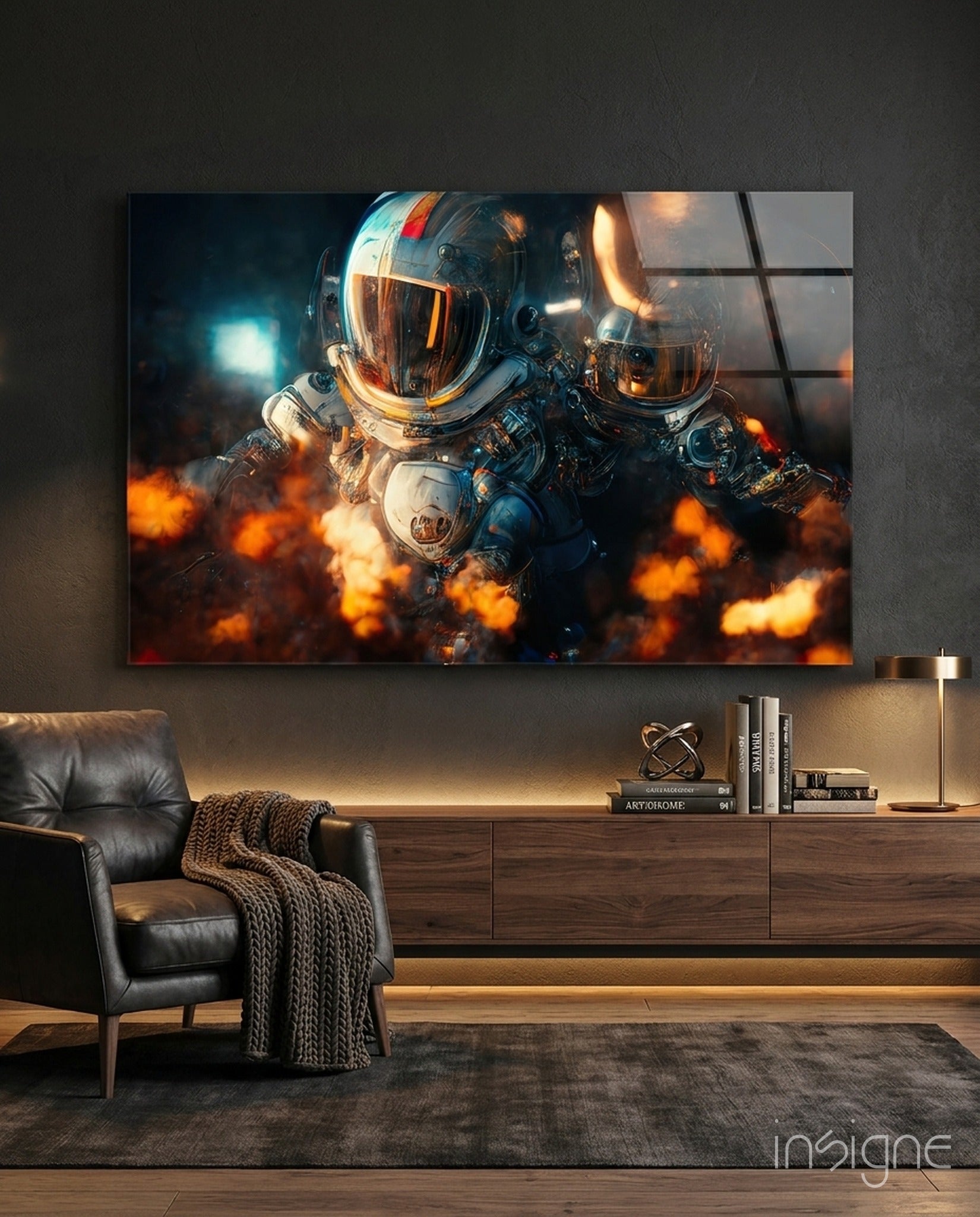 The Drift astronauts flame glass wall art