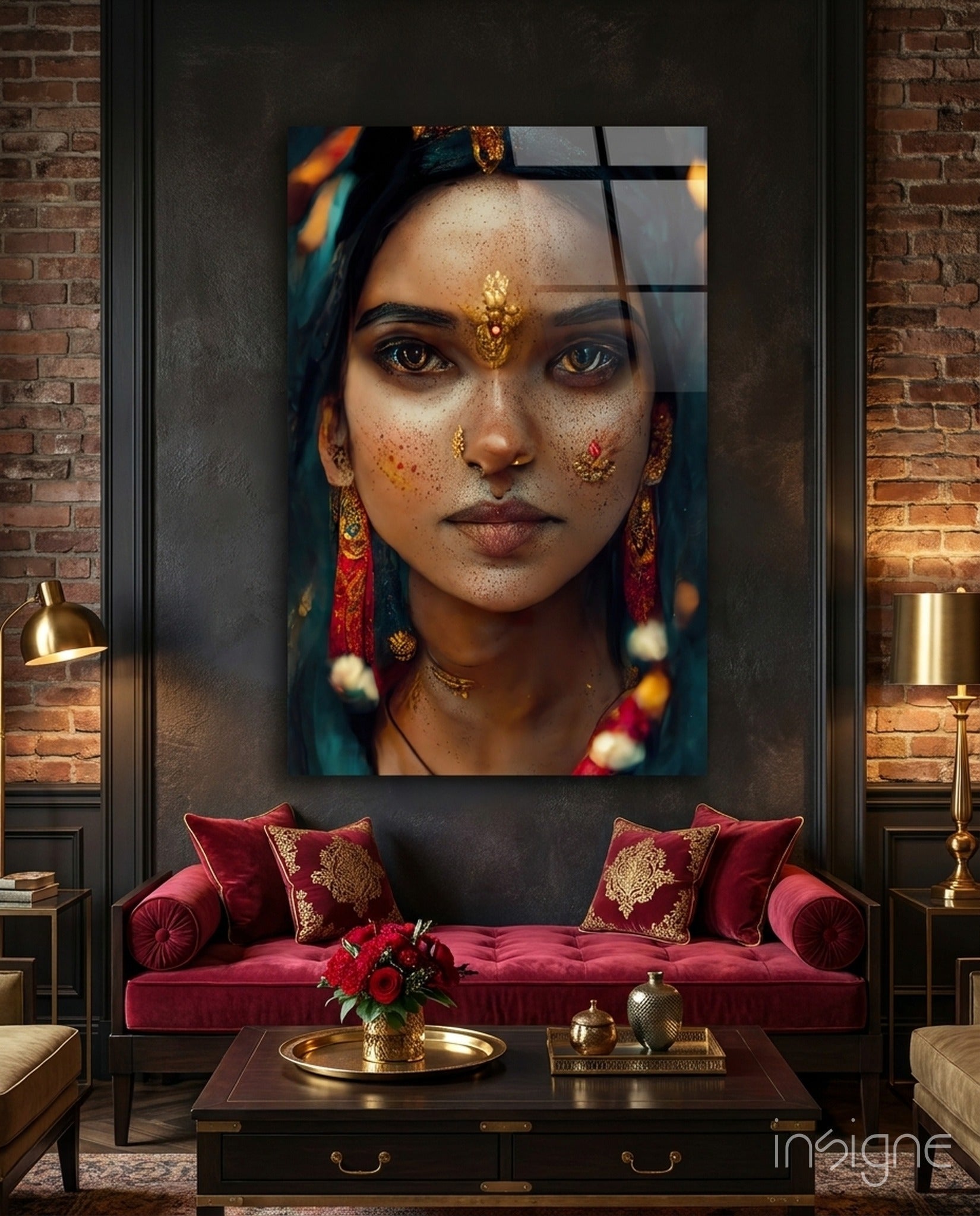 Beauty teal and gold ornamented muse glass wall art