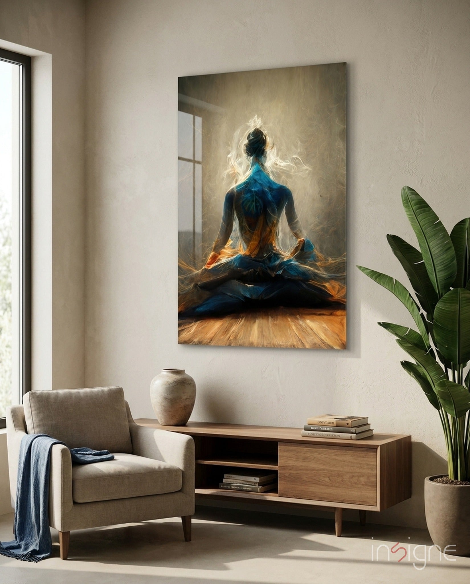 Indigo meditation glass wall art, lotus figure with amber light on high-gloss tempered glass
