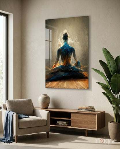 Indigo meditation glass wall art, lotus figure with amber light on high-gloss tempered glass