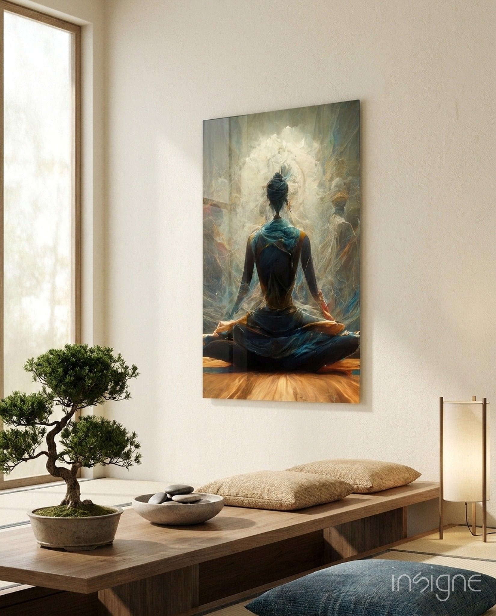 Meditation lotus pose glass wall art in indigo and ivory