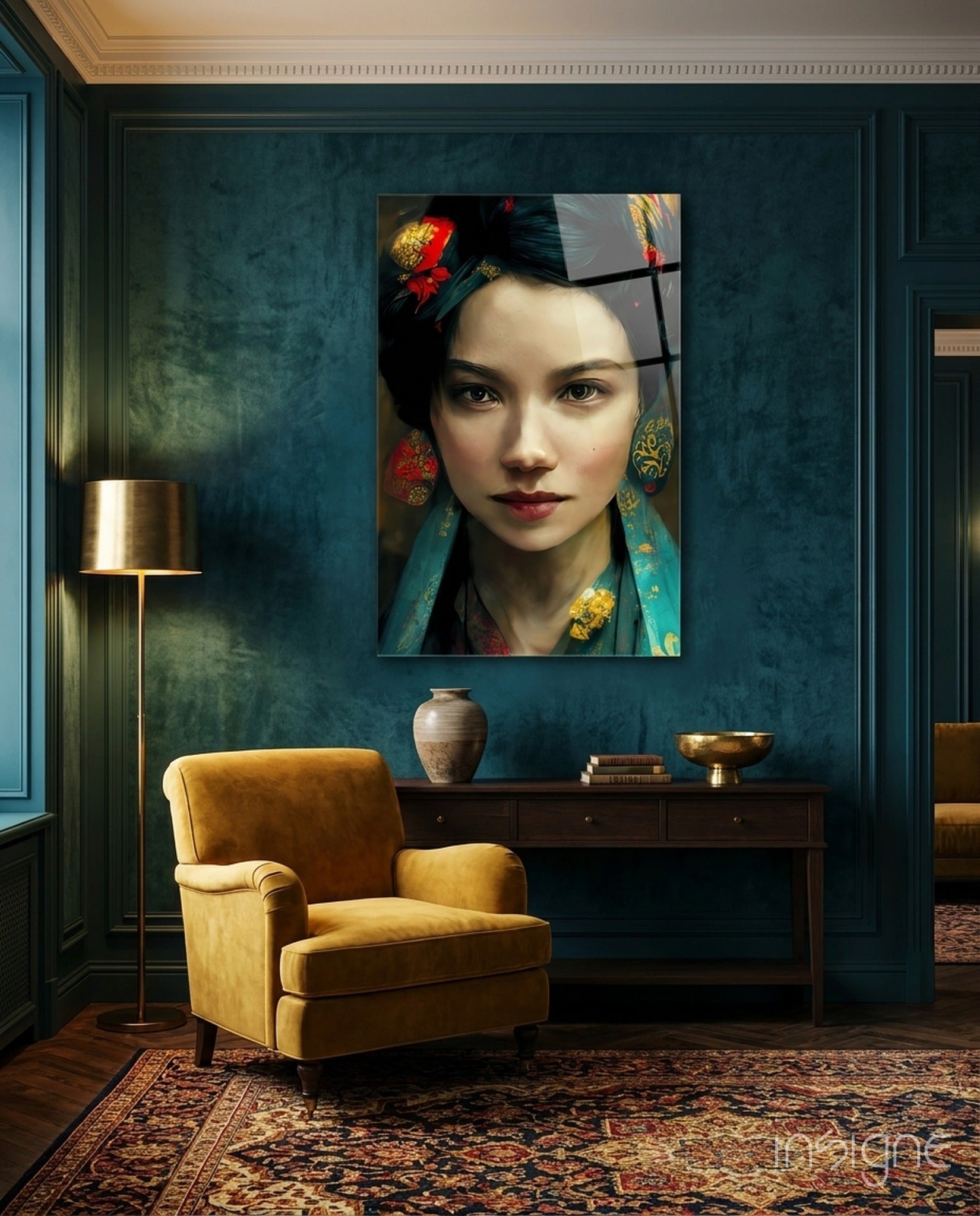 Virtual Beauty teal and crimson muse glass wall art